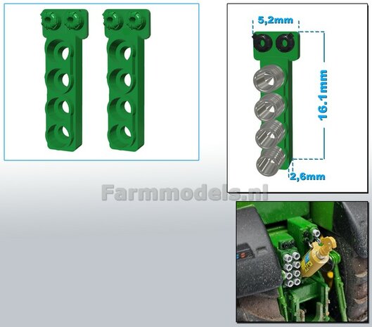 2x Hydrauliekblok 4x1 + stroom/ Isobus aansl. BOVENOP t.b.v. achterbrug, UNIVERSEEL,  RESIN, JD 7810 OUD GROEN gespoten, voor plaatsing van 4x &quot;VROUW&quot; koppelingen  1:32    