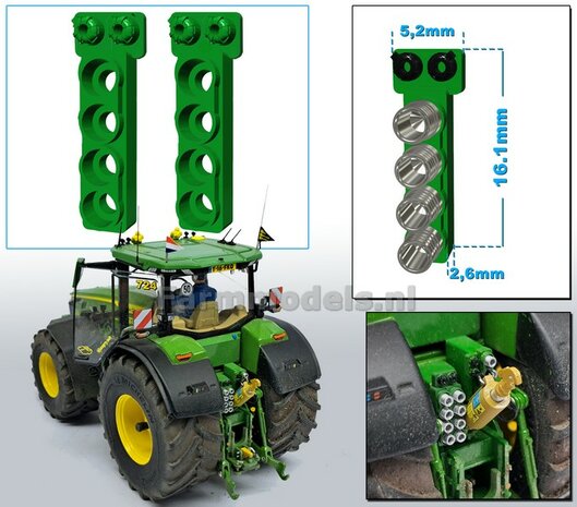 2x Hydrauliekblok 4x1 + stroom/ Isobus aansl. BOVENOP t.b.v. achterbrug, UNIVERSEEL,  RESIN, JD 7R 310 GROEN gespoten, voor plaatsing van 4x &quot;VROUW&quot; koppelingen  1:32    