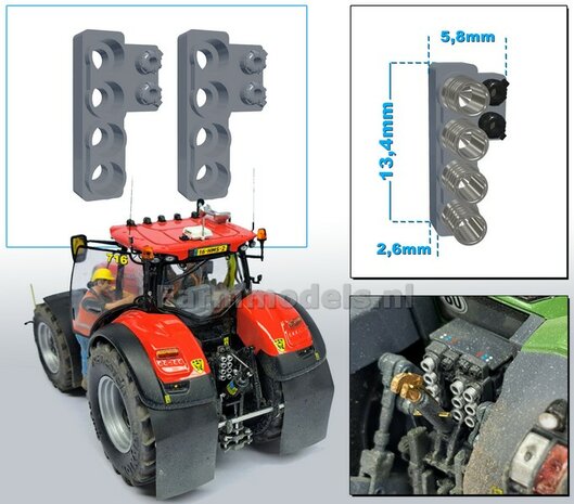 2x Hydrauliekblok 4x1 + stroom/ Isobus aansl. RECHTS t.b.v. achterbrug, UNIVERSEEL, BLANK RESIN geschikt voor plaatsing van 4x &quot;VROUW&quot; koppelingen  1:32    