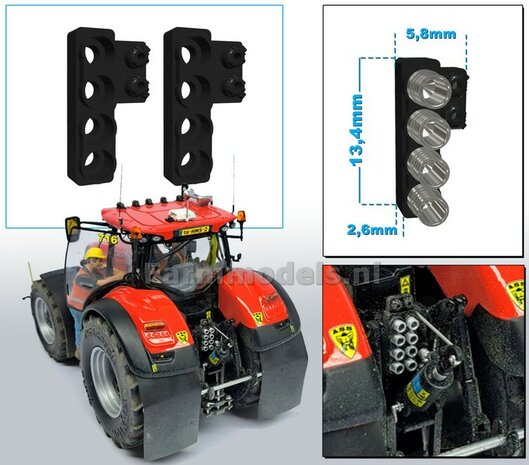 2x Hydrauliekblok 4x1 + stroom/ Isobus aansl. RECHTS t.b.v. achterbrug, UNIVERSEEL,  RESIN, ZWART GLANS gespoten, voor plaatsing van 4x &quot;VROUW&quot; koppelingen  1:32    