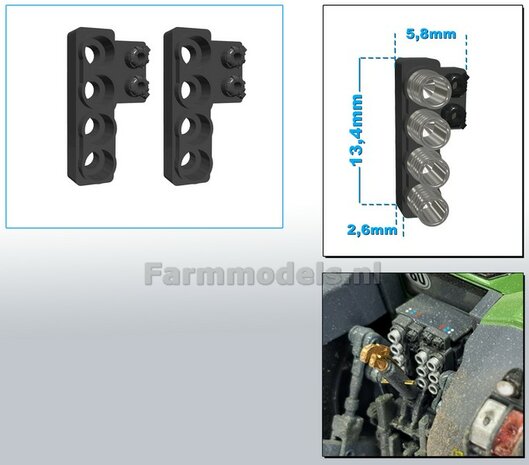 2x Hydrauliekblok 4x1 + stroom/ Isobus aansl. RECHTS t.b.v. achterbrug, UNIVERSEEL,  RESIN, FENDT DONKER GRIJS gespoten, voor 4x &quot;VROUW&quot; koppelingen  1:32    