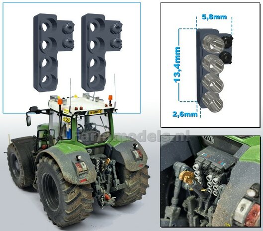 2x Hydrauliekblok 4x1 + stroom/ Isobus aansl. RECHTS t.b.v. achterbrug, UNIVERSEEL,  RESIN, MF 9S CHASSIS GRIJS gespoten, voor 4x &quot;VROUW&quot; koppelingen  1:32    