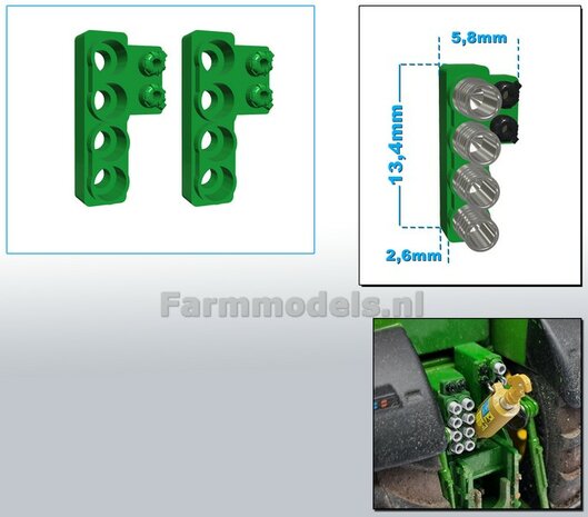 2x Hydrauliekblok 4x1 + stroom/ Isobus aansl. RECHTS t.b.v. achterbrug, UNIVERSEEL,  RESIN, JD 7810 OUD GROEN gespoten, voor 4x &quot;VROUW&quot; koppelingen  1:32    