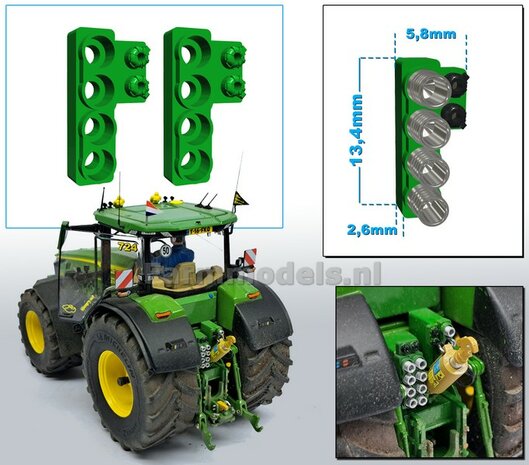 2x Hydrauliekblok 4x1 + stroom/ Isobus aansl. RECHTS t.b.v. achterbrug, UNIVERSEEL,  RESIN, JD 7R 310 GROEN gespoten, voor 4x &quot;VROUW&quot; koppelingen  1:32    