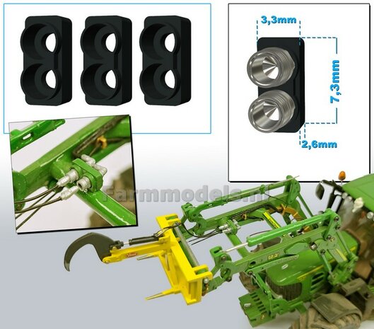 3x Hydrauliekblok 2x1 t.b.v. Voorlader of achterbrug, UNIVERSEEL, RESIN ZWART GLANS Gespoten geschikt voor plaatsing van 2x &quot;VROUW&quot; koppelingen  1:32    