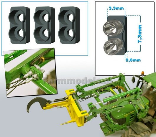 3x Hydrauliekblok 2x1 t.b.v. Voorlader of achterbrug, UNIVERSEEL, RESIN FENDT DONKER GRIJS Gespoten geschikt voor plaatsing van 2x &quot;VROUW&quot; koppelingen  1:32    