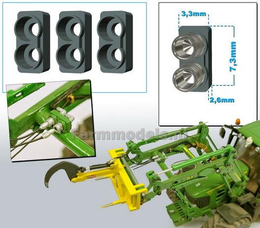 3x Hydrauliekblok 2x1 t.b.v. Voorlader of achterbrug, UNIVERSEEL, RESIN MF 9S CHASSIS GRIJS Gespoten geschikt voor plaatsing van 2x &quot;VROUW&quot; koppelingen  1:32    