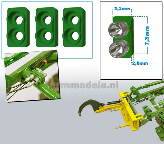 3x Hydrauliekblok 2x1 t.b.v. Voorlader of achterbrug, UNIVERSEEL, RESIN FENDT OUD GROEN Gespoten geschikt voor plaatsing van 2x &quot;VROUW&quot; koppelingen  1:32    