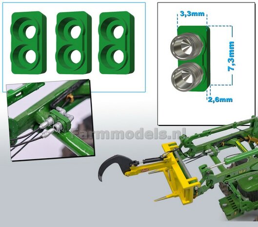 3x Hydrauliekblok 2x1 t.b.v. Voorlader of achterbrug, UNIVERSEEL, RESIN JD 7810 OUD GROEN Gespoten geschikt voor plaatsing van 2x &quot;VROUW&quot; koppelingen  1:32    