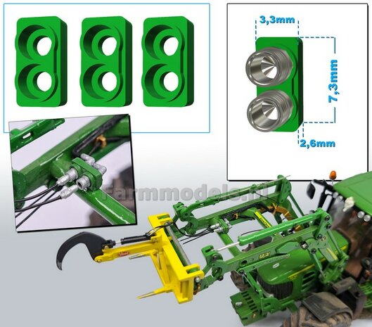 3x Hydrauliekblok 2x1 t.b.v. Voorlader of achterbrug, UNIVERSEEL, RESIN JD 7R 310 GROEN Gespoten geschikt voor plaatsing van 2x &quot;VROUW&quot; koppelingen  1:32    