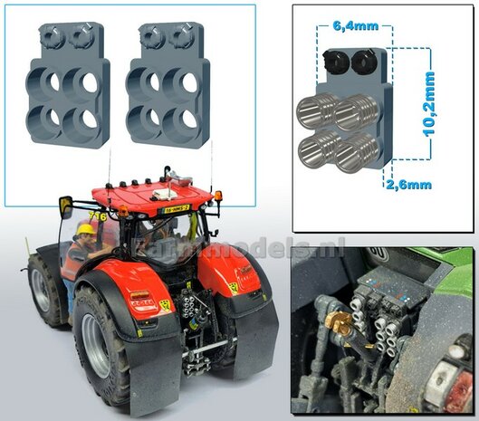 2x Hydrauliekblok 2x2 + Isobus/ stroom aansluiting t.b.v. achterbrug, UNIVERSEEL,  BLANK RESIN geschikt voor plaatsing van 4x &quot;VROUW&quot; koppelingen  1:32    