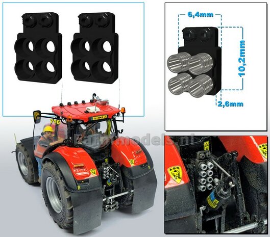 2x Hydrauliekblok 2x2 + Isobus/ stroom aansluiting t.b.v. achterbrug, UNIVERSEEL, RESIN, ZWART GLANS gespoten, voor plaatsing van 4x &quot;VROUW&quot; koppelingen  1:32    