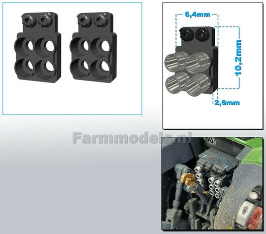 2x Hydrauliekblok 2x2  + Isobus/ stroom aansluiting  t.b.v. achterbrug, UNIVERSEEL,  RESIN, FENDT DONKER GRIJS gespoten, voor 4x &quot;VROUW&quot; koppelingen  1:32    