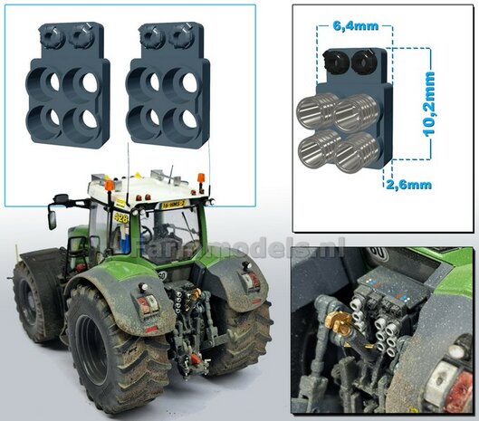 2x Hydrauliekblok 2x2  + Isobus/ stroom aansluiting  t.b.v. achterbrug, UNIVERSEEL,  RESIN, MF 9S CHASSIS GRIJS gespoten, voor 4x &quot;VROUW&quot; koppelingen  1:32    