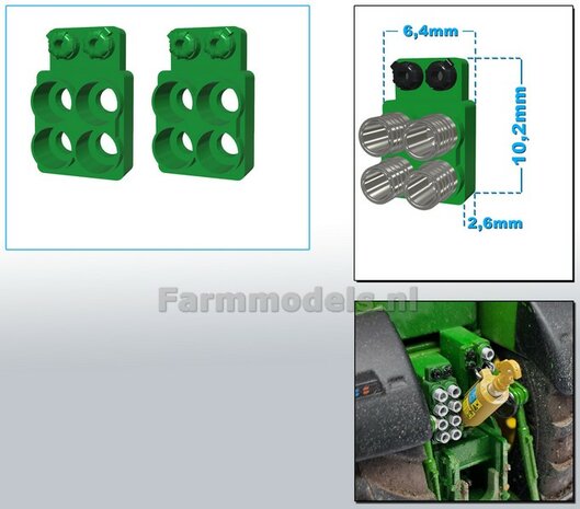 2x Hydrauliekblok 2x2 + stroom/ Isobus aansl. LINKS t.b.v. achterbrug, UNIVERSEEL,  RESIN, JD 7810 OUD GROEN gespoten, voor 4x &quot;VROUW&quot; koppelingen  1:32    