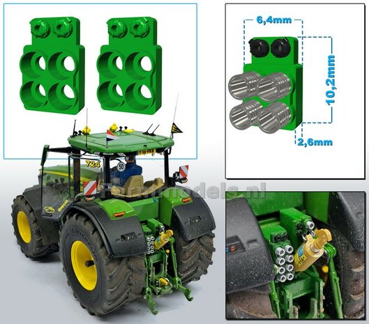 2x Hydrauliekblok 2x2 + stroom/ Isobus aansl. LINKS t.b.v. achterbrug, UNIVERSEEL,  RESIN, JD 7R 310 GROEN gespoten, voor 4x &quot;VROUW&quot; koppelingen  1:32    