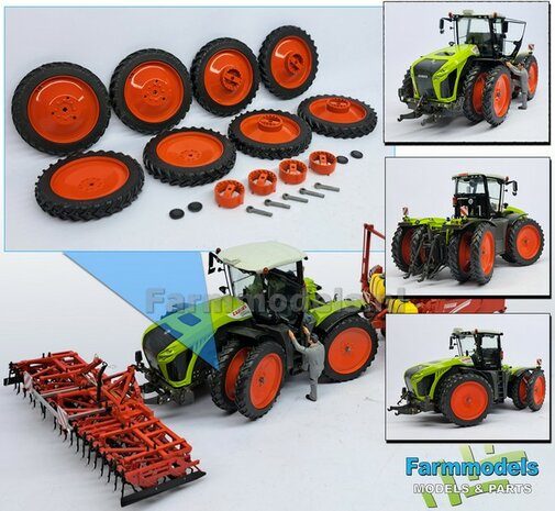 Claas Xerion 8x Dubbellucht Cultuurbanden set &Oslash; 63.5 x 9.5mm + CLAAS ORANJE VELGEN + MOLCON koppelringen en toebehoren  1:32