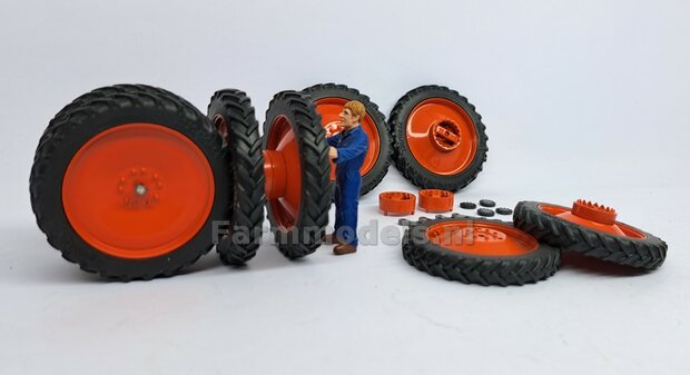 Claas Xerion 8x Dubbellucht Cultuurbanden set &Oslash; 63.5 x 9.5mm + CLAAS ORANJE VELGEN + MOLCON koppelringen en toebehoren  1:32