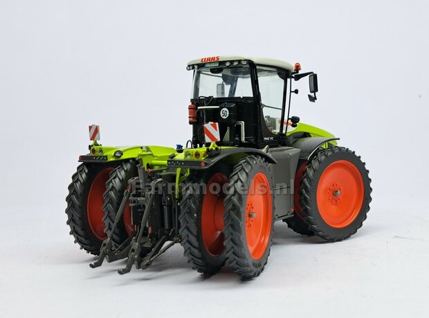 Claas Xerion 8x Dubbellucht Cultuurbanden set &Oslash; 63.5 x 9.5mm + CLAAS ORANJE VELGEN + MOLCON koppelringen en toebehoren  1:32