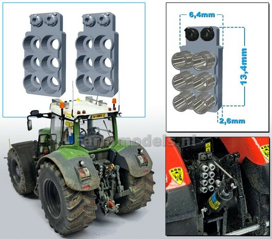 2x Hydrauliekblok 3x2 + Isobus/ stroom aansluiting t.b.v. achterbrug, UNIVERSEEL, BLANK RESIN geschikt voor plaatsing van 6x &quot;VROUW&quot; koppelingen 1:32    