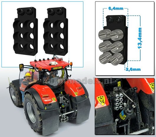 2x Hydrauliekblok 3x2 + Isobus/ stroom aansl. t.b.v. achterbrug, UNIVERSEEL, RESIN ZWART GLANS gespoten, voor plaatsing van 6x &quot;VROUW&quot; koppelingen  1:32