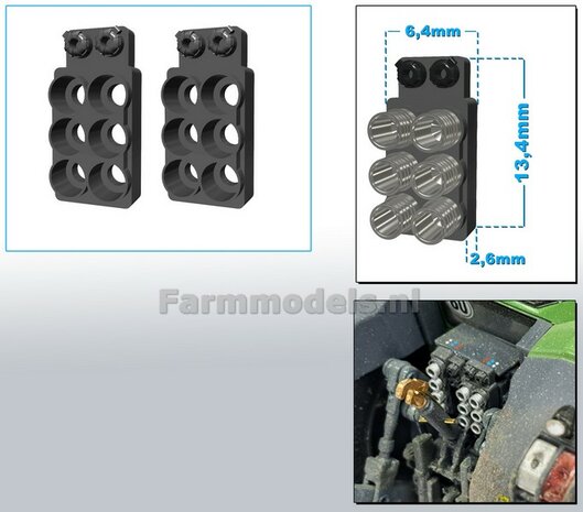 2x Hydrauliekblok 3x2 + Isobus/ stroom aansl. t.b.v. achterbrug, UNIVERSEEL, RESIN, FENDT DONKER GRIJS gespoten, voor plaatsing van 6x &quot;VROUW&quot; koppelingen  1:32