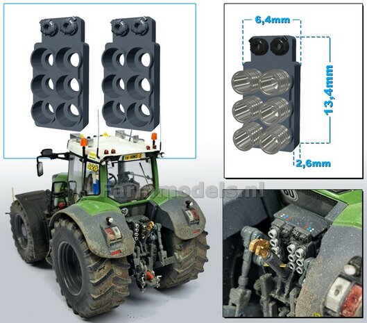 2x Hydrauliekblok 3x2 + Isobus/ stroom aansluiting t.b.v. achterbrug, UNIVERSEEL, RESIN, MF 9S CHASSIS GRIJS gespoten, plaatsing van 6x &quot;VROUW&quot; koppelingen  1:32