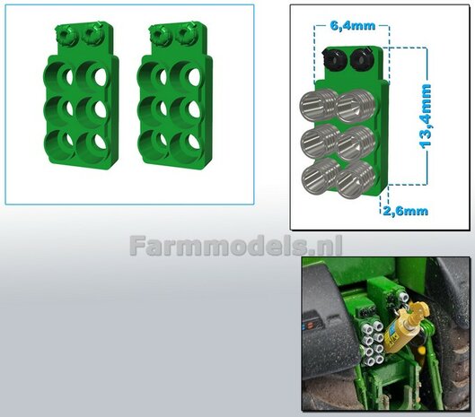 2x Hydrauliekblok 3x2 + Isobus/ stroom aansl. t.b.v. achterbrug, UNIVERSEEL, RESIN, JD 7810 OUD GROEN  gespoten, plaatsing van 6x &quot;VROUW&quot; koppelingen  1:32