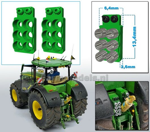 2x Hydrauliekblok 3x2 + Isobus/ stroom aansl. t.b.v. achterbrug, UNIVERSEEL, RESIN, JD 7R 310 GROEN  gespoten, plaatsing van 6x &quot;VROUW&quot; koppelingen  1:32