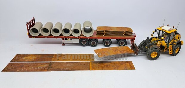 10x ROESTIGE STALEN RIJPLATEN 150 x 50 x 0,5 mm geleverd incl. 4 STOPHOUT Balkjes, rijplaten als VERROEST STAAL geleverd  1:32 