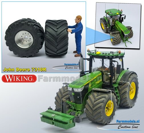 JD 7310R: 2x Michelin Mega X Bib Banden &Oslash; 53.5 x 32.3 mm + ALUMINIUM velgen BLANK geleverd  1:32    Farmmodels Custom Line Series