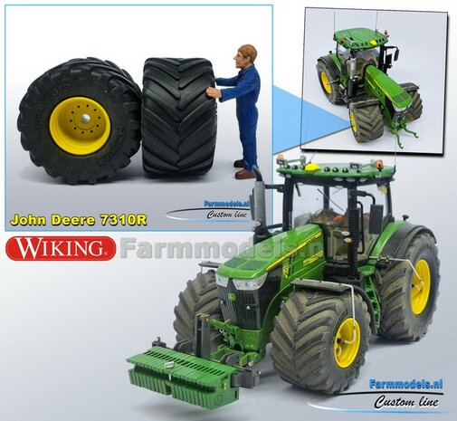 JD 7310R: 2x Michelin Mega X Bib Banden &Oslash; 53.5 x 32.3 mm + ALUMINIUM velgen JOHN DEERE GEEL gespoten   1:32    Farmmodels Custom Line Series