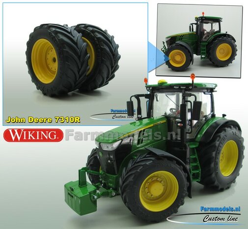 JD 7310R: 2x Vredestein Traxion Banden &Oslash; 54.5 x 23.5 mm + ALUMINIUM velgen JOHN DEERE GEEL gespoten  1:32   Farmmodels Custom Line Series