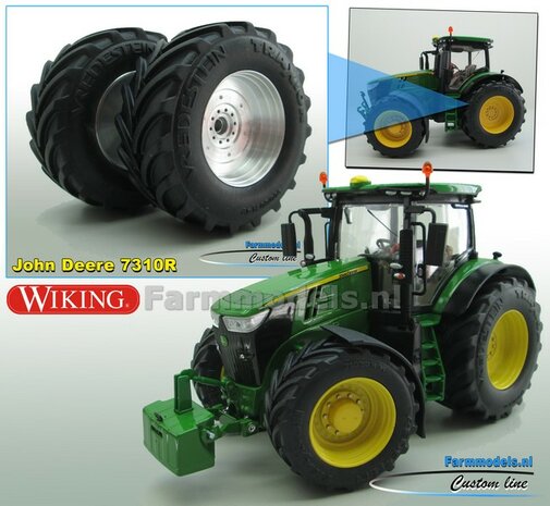 JD 7310R: 2x Vredestein Traxion Banden &Oslash; &Oslash; 68.5 x 32 mm + ALUMINIUM velgen BLANK geleverd 1:32 Farmmodels Custom Line Series