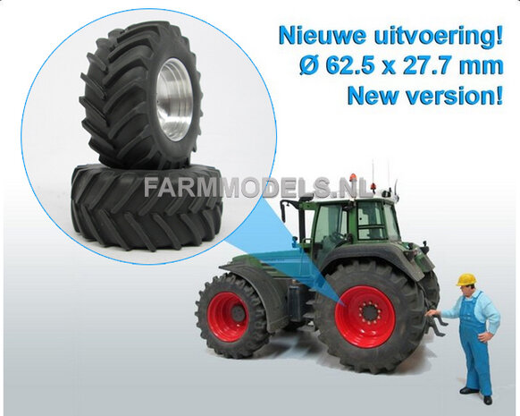 Fendt 824/ 926 Gen I: 2x Brede Banden &Oslash; 62.5 x 27.7 mm + ALUMINIUM velgen BLANK Geleverd 1:32 Farmmodels Custom Line Series