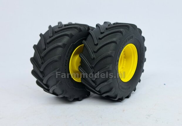 JD 8R 410: 2x Michelin Axiobib2  &Oslash;  55.1 x 25.8 mm Banden + RESIN Velgen JOHN DEERE GEEL gespoten  1:32  Farmmodels Premium Line Series 