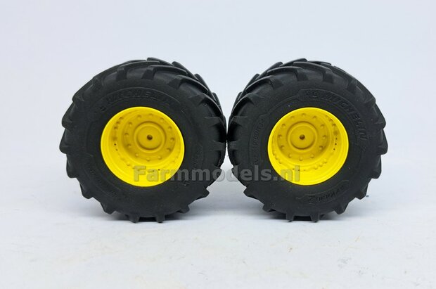 JD 8R 410: 2x Michelin Axiobib2  &Oslash;  55.1 x 25.8 mm Banden + RESIN Velgen JOHN DEERE GEEL gespoten  1:32  Farmmodels Premium Line Series 