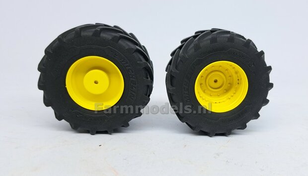 JD 8R 410: 2x Michelin Axiobib2  &Oslash;  55.1 x 25.8 mm Banden + RESIN Velgen JOHN DEERE GEEL gespoten  1:32  Farmmodels Premium Line Series 