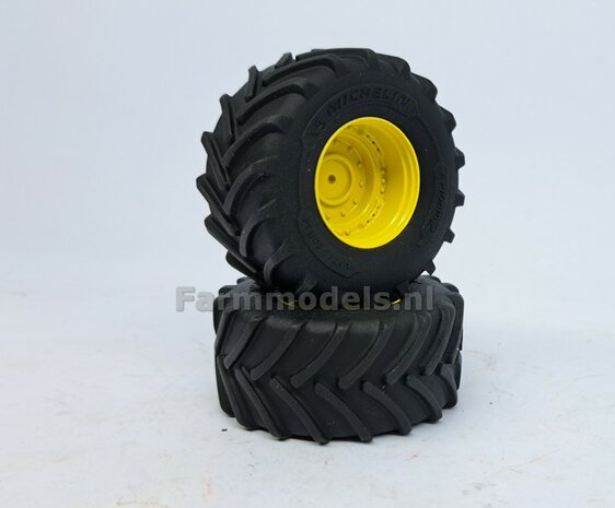 JD 8R 410: 2x Michelin Axiobib2  &Oslash;  54.8 x 25.8 mm Banden + RESIN Velgen JOHN DEERE GEEL gespoten  1:32  Farmmodels Premium Line Series 