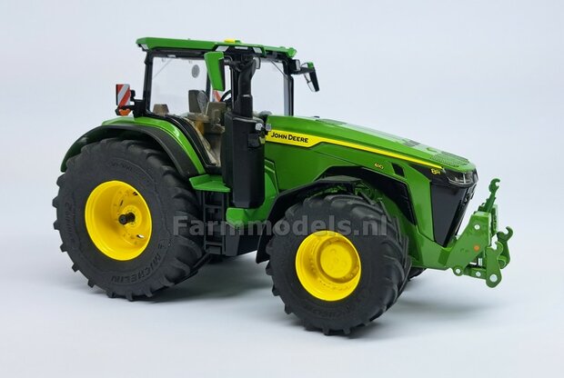 JD 8R 410: 2x Michelin Axiobib2  &Oslash;  55.1 x 25.8 mm Banden + RESIN Velgen JOHN DEERE GEEL gespoten  1:32  Farmmodels Premium Line Series 