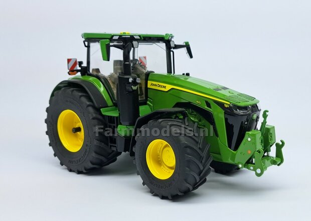 JD 8R 410: 2x Michelin Axiobib2  &Oslash;  55.1 x 25.8 mm Banden + RESIN Velgen JOHN DEERE GEEL gespoten  1:32  Farmmodels Premium Line Series 