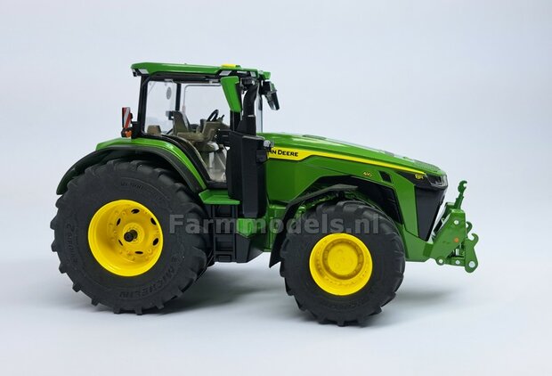 JD 8R 410: 2x Michelin Axiobib2  &Oslash;  55.1 x 25.8 mm Banden + RESIN Velgen JOHN DEERE GEEL gespoten  1:32  Farmmodels Premium Line Series 