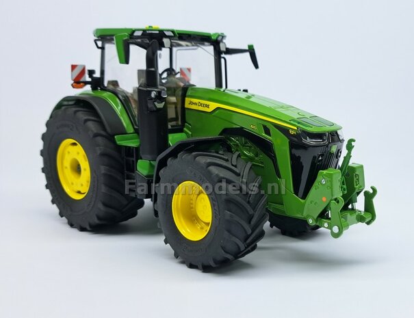 JD 8R 410: 2x Michelin Axiobib2  &Oslash;  55.1 x 25.8 mm Banden + RESIN Velgen JOHN DEERE GEEL gespoten  1:32  Farmmodels Premium Line Series AVAILABLE OCTOBER