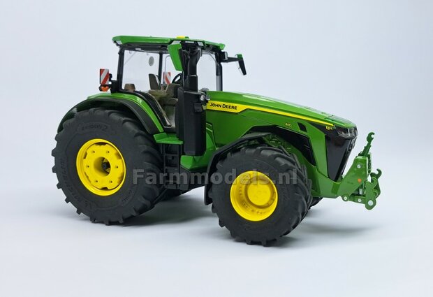 JD 8R 410: 2x Michelin Axiobib2  &Oslash;  54.8 x 25.8 mm Banden + RESIN Velgen JOHN DEERE GEEL gespoten  1:32  Farmmodels Premium Line Series 