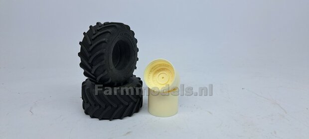 JD 8R 410: 2x Michelin Axiobib2  &Oslash;  55.1 x 25.8 mm Banden + RESIN Velgen BLANK Geleverd 1:32    Farmmodels Premium Line Series 