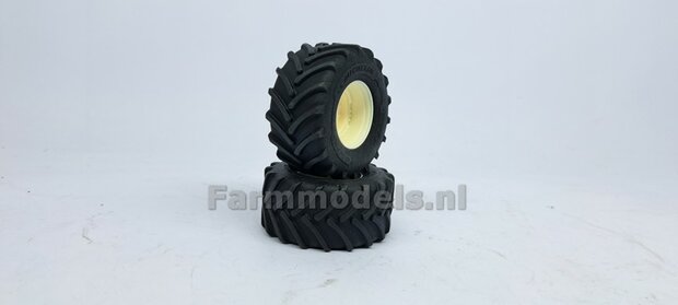 JD 8R 410: 2x Michelin Axiobib2  &Oslash;  55.1 x 25.8 mm Banden + RESIN Velgen BLANK Geleverd 1:32    Farmmodels Premium Line Series 