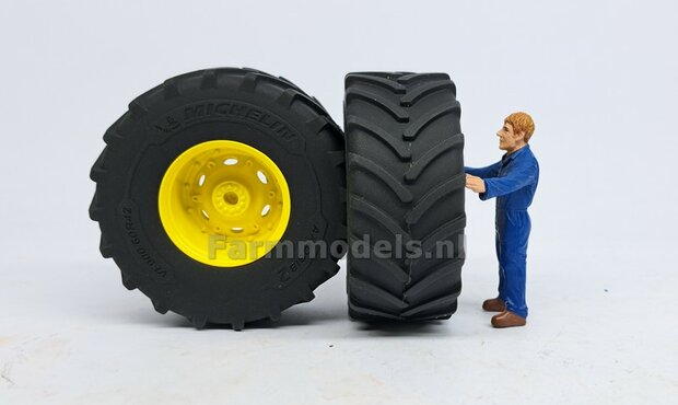 JD 8R 410: 2x Michelin Axiobib2  &Oslash;  70.3 x 30.4 mm Banden + RESIN Velgen JOHN DEERE GEEL gespoten  1:32 Farmmodels Premium Line Series 