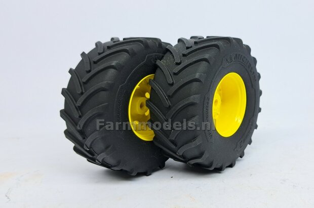 JD 8R 410: 2x Michelin Axiobib2  &Oslash;  70.3 x 30.4 mm Banden + RESIN Velgen JOHN DEERE GEEL GESPOTEN geleverd 1:32    Farmmodels Premium Line Series  