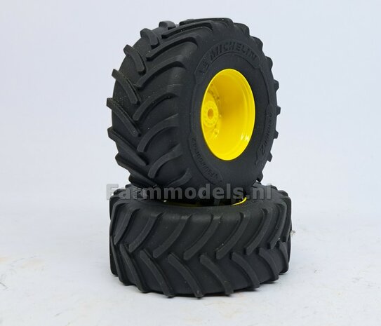 JD 8R 410: 2x Michelin Axiobib2  &Oslash;  70.3 x 30.4 mm Banden + RESIN Velgen JOHN DEERE GEEL gespoten  1:32 Farmmodels Premium Line Series 