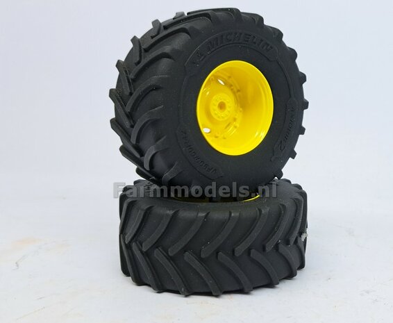 JD 8R 410: 2x Michelin Axiobib2  &Oslash;  70.3 x 30.4 mm Banden + RESIN Velgen JOHN DEERE GEEL gespoten  1:32 Farmmodels Premium Line Series 